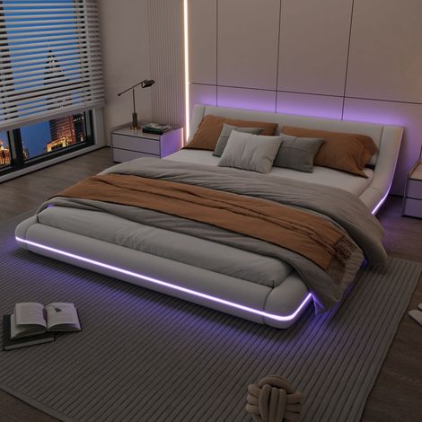 Lit de sol 160x200 cm blanc, sommier plat en PU avec éclairage LED, literie complète, chambre moderne, cadre au sol design, taille queen 160x200, éclairage tamisé intégré. (1/5)