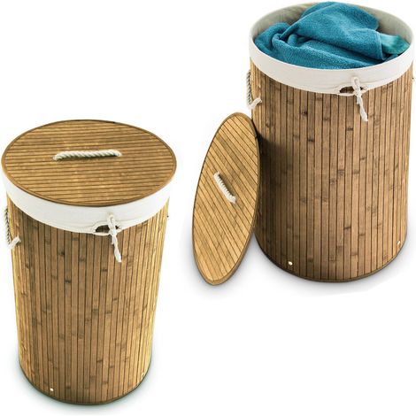 Relaxdays, 2x Bamboo Laundry Baskets, Foldable Hamper with Lid, 70L, Cotton Bag & Side Handles, HxØ: 65 x 41 cm, Natural