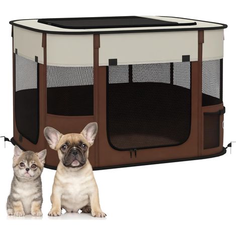 Parc pour animaux de compagnie avec 6 fenêtres, 3 portes et 2 sacs de rangement, en polyester et acier, 74 x 60 x 45 cm, marron