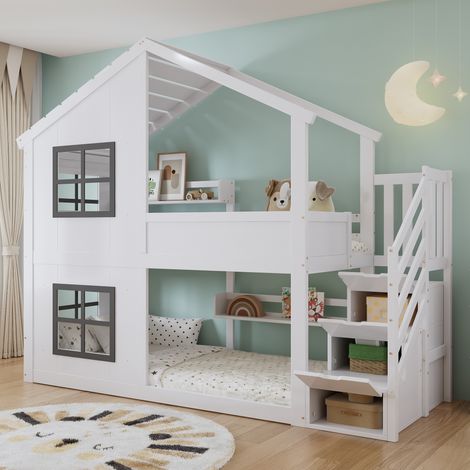 Litera infantil de 90x200 cm, tipo cama de cabina con escalera con espacio de almacenamiento, base de láminas, madera blanca y gris (1/5)