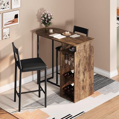 Ensemble Table de Bar 3 Pièces avec 2 Tabourets, Casier à Vin 3 Niveaux et Porte-Verres, Table Haute Gain de Place Style Vintage Marron (1/5)