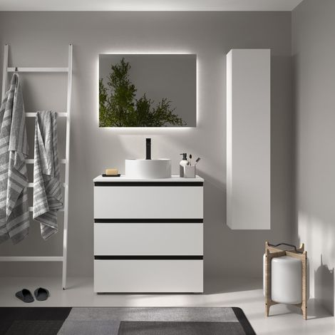 Meuble de salle de bain BEQUIA METAL 3C 80cm Blanc mat Vasque à poser Porcelaine Centrale (1/5)
