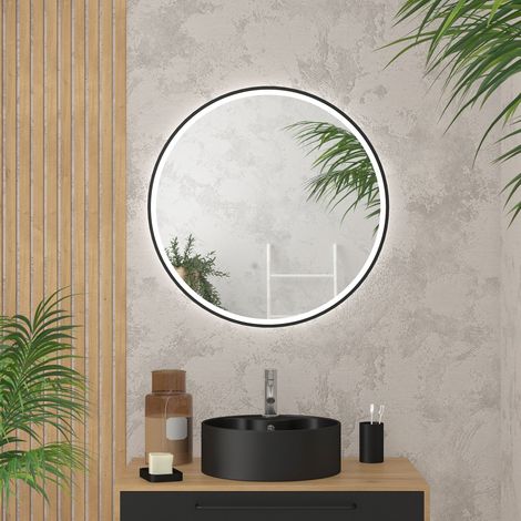 miroir salle de bain rond avec éclairage led et contour noir - diam 70cm