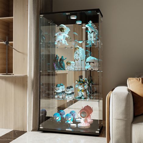 Vetrina in vetro temperato con LED, 2 porte, 4 mensole, cornice in legno, serrature, chiavi, maniglia, vetrina per soggiorno, cucina - Nero