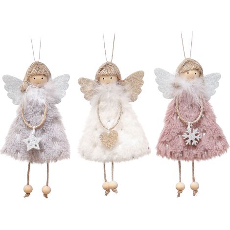 Set aus 3 Puppenanhängern in Weiß, Rosa und Grau, entzückende Ornamente zum Aufhängen und Schmücken des Weihnachtsbaums. (1/5)