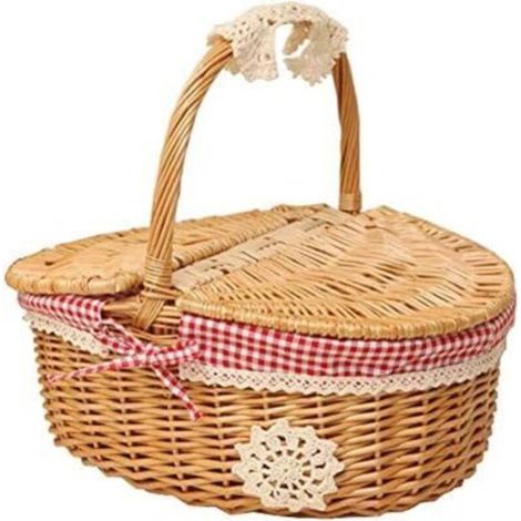 Panier de pique-nique en osier tressé avec couvercle - style champêtre avec doublure en coton à carreaux rouges et blancs - panier de présentation pour les pique-niques et les fêtes (1/4)