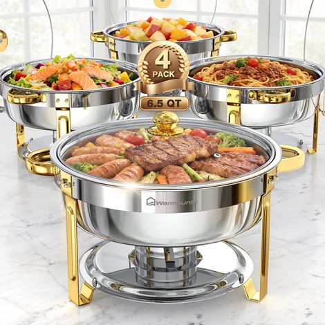 4pcs 6L Gold Chafing Dishes for Buffet 6.5QT, Round Stainless Steel Chafer and Warmer Set with Lid Holder, Mirror-polished for Catering, Party, Wedding (1/5)