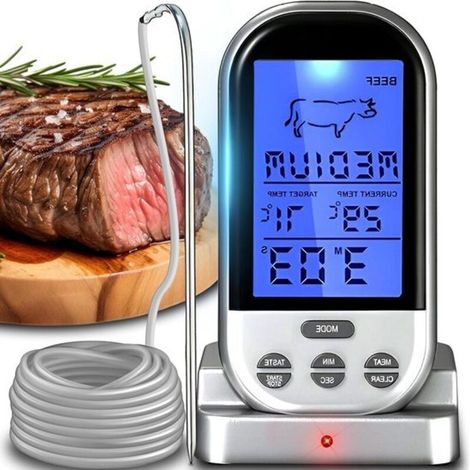 Termómetro digital inalámbrico para carne con sonda para hornos - barbacoa, horneado, asado - Rango de temperatura hasta 250 °C - Cable de 1 m