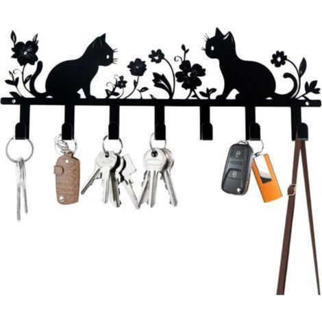 Porte-clés mural, porte-clés mural chat, porte-clés mural noir, porte-clés mural avec 7 crochets, porte-clés mural pour hall d'entrée, salon, cuisine, porte-clés mural, porte-clés mural décoratif (1/5)