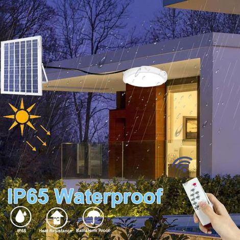 Lampe Solaire D\'extérieur Rond LED - Plafonnier solaire - Étanchéité IP67 - Avec Télécommande - - Blanc