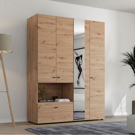 Armario Grande Omete, Armario Dormitorio 4 Estantes, un Cajón, Barra para Colgar, 155x208h cm Marrón Roble Nodoso (1/5)