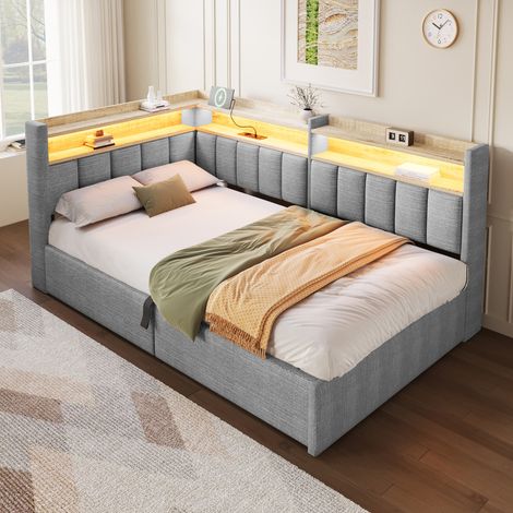 Lit banquette coffre 90 x 200 cm, rangement hydraulique, module latéral réversible, LED et port USB, sans matelas, moderne, velours, gris (1/5)