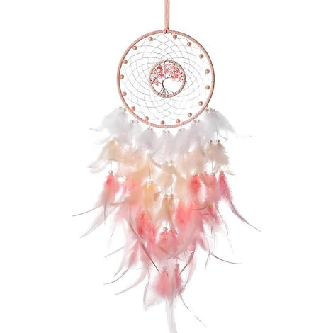 Macramé attrape-rêves - Rose - Fait main avec cristaux et anneaux métalliques - 1 pièce - Pour chambre d'enfant et salon (1/5)