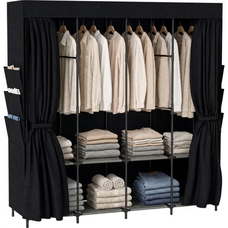 Armoire gain de place en tissu avec 5 tringles, 4 étagères, 6 poches latérales, 170 x 45 x 167 cm, noire (1/5)