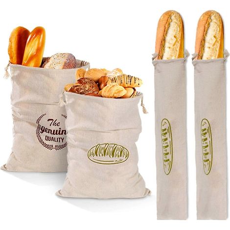 Set van 4 herbruikbare linnen broodzakken voor het vers houden van brood. Ademende bewaarzakken met trekkoord voor brood. (1/5)