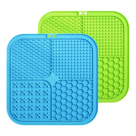 Leckmatte für Hunde, 2 Stück, 20 x 20 cm, Leckstimulationsmatte, BPA-frei, Leckmatte mit Saugnapf für Katzen, geeignet zum Baden, Training und zur Fellpflege (Blau + Grün) (1/5)