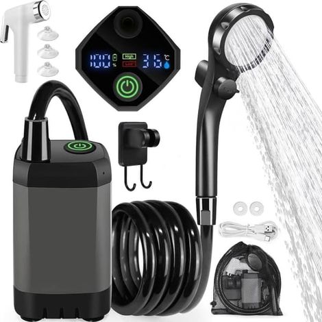 Douche de camping portable 6000 mAh - Douche rechargeable avec écran LED, IPX7 et pommeau de douche supplémentaire pour les voyages, la voiture et les animaux de compagnie-AquaForge