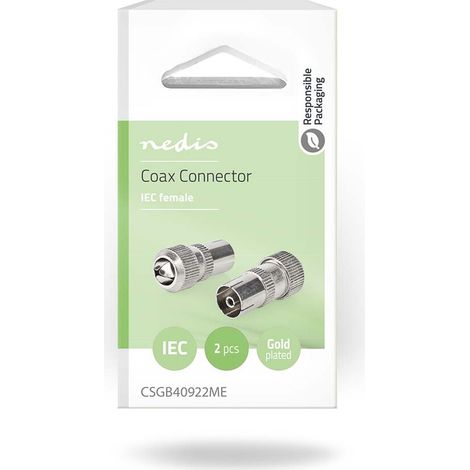 Nedis IEC (Coax) Stecker / Gerade / Buchse / Vernickelt / 75 Ohm / Schraube / Kabeleingangsdurchmesser: 7.0 mm / Metall / Silber / 2 Stück / Box
