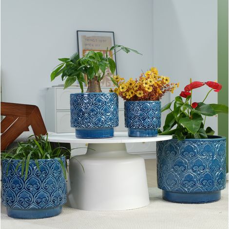 POT plantes céramique Ø19 cm bleu brillant, drainage, décor bureau moderne FloraGrace (1/5)