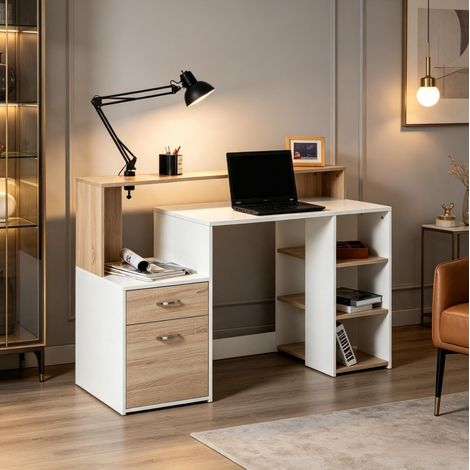 Scrivania computer 137x55x92 cm in MDF rovere e bianco con ripiani, salvaspazio – MEUBLIV (1/5)