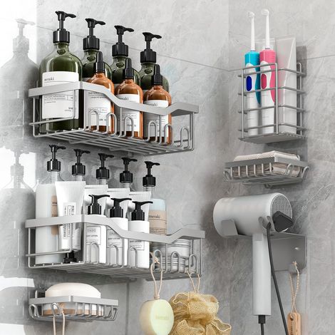 Duschablage – 6-teilig – Edelstahl – Kein Bohren erforderlich – Für Bad und Küche – Silber (1/5)
