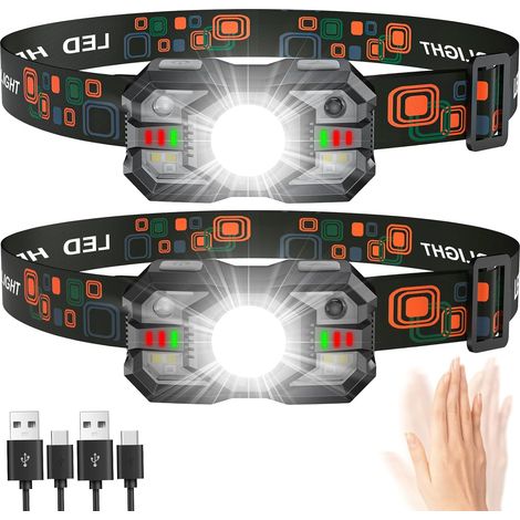 2er-Pack wiederaufladbare LED-Stirnlampe, superhell 2000 lm, 20 Stunden Akkulaufzeit, 5 Modi, verstellbare Stirnlampe mit Bewegungssensor, wasserdichte Stirnlampe mit rotem Licht für [Energieklasse A+