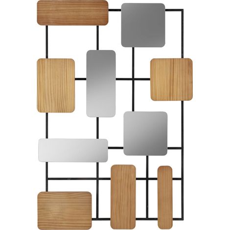 sculpture murale métal miroir et chêne noir naturel design - noir bois clair miroir argenté (1/2)