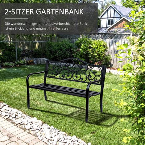 Banc extérieur 2 places avec table rabattable, charge max 240 kg, assise avec dossier et accoudoirs, meuble de jardin pour terrasse, balcon, espace vert, 150 x 58,5 x 90 cm, noir