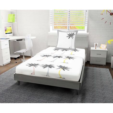 Parure de draps 180x290 cm PALMIER blanc, 100% coton 57 fils/cm2, par Soleil d'ocre
