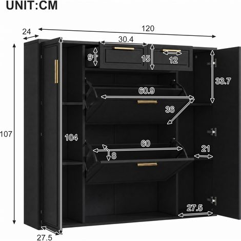 Armoire à chaussures moderne noire, 120x24x107 cm, avec étagères réglables, poignées dorées, 2 tiroirs, porte-paniers pliants et 2 portes. (1/5)