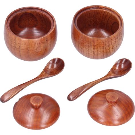 Boîte À Épices En Bois - Récipient À Sel Et Poivre Avec Couvercle Et Cuillère - Pour Cuisine Intérieure Et Extérieure - Lot De 2 (1/5)