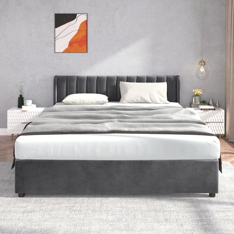 Lit adulte 180x200cm avec 2 tiroirs - lit 2 places avec sommier et tête de lit capitonnée - velours - gris (sans matelas) (1/5)
