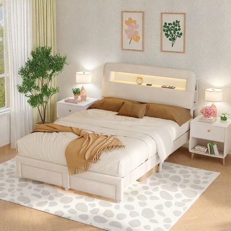 Lit double 160x200 avec sommier à lattes & 2 tiroirs, tete de lit led avec port usb, beige velours cadre de lit capitonné pour adultes (1/5)