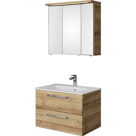 Badezimmer Waschplatz mit Mineralmarmor Waschbecken TRENTO-66 in Riviera Eiche Nb., B/H/T: ca. 77/200/50 cm (1/5)