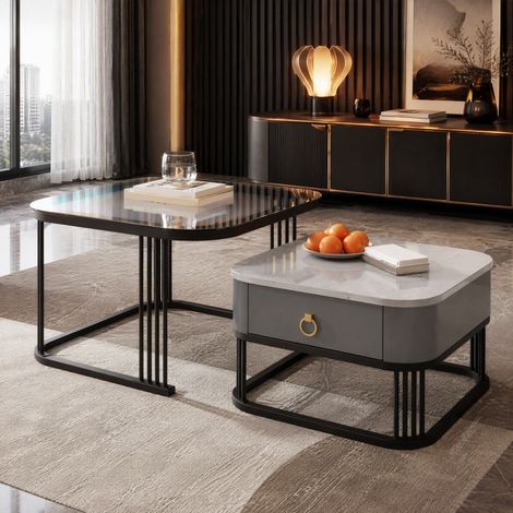 Mesa de centro nido 2 piezas de MDF con cristal, efecto mármol y cajones, negro y gris HAVRYA (1/5)
