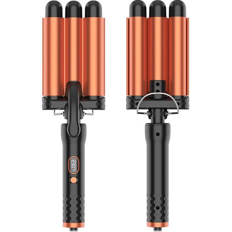 Fer à friser à trois têtes (noir et orange, norme européenne) pour une utilisation domestique, fer à friser multifonctionnel