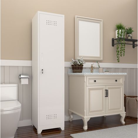 Armoire de rangement étroite en métal avec serrure, étagères et tringle 40x40x165 cm blanche (1/5)