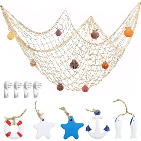Dekoratives Fischernetz 100 x 200 cm mit Muscheldekor, 6-teilig, maritime Dekoration für Wohnzimmer, Schlafzimmer, mediterraner Stil