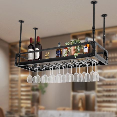 Senderpick – Porte-bouteilles de vin suspendu au plafond – Étagère flottante en fer noir – Capacité 50kg – Rangement pour 27 verres à champagne
