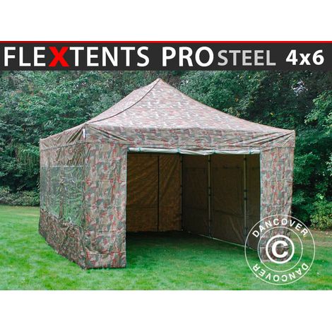 Pop up gazebo FleXtents PRO Steel 4x6 m Camouflage/Military, incl. 8 sidewalls