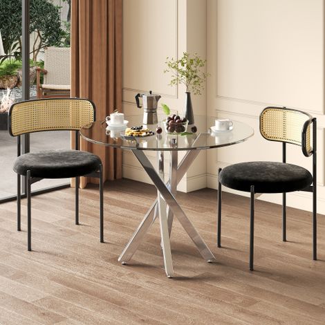Ensemble table et chaises (table et 2 chaises incluses), plateau en verre trempé 80 x 80 x 75 cm, table moderne, pieds de table galvanisés, table basse, chaises noires, pieds de table argentés