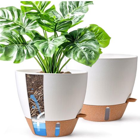 2er Set Selbstbewässernder Blumentopf 25cm mit Wasserstandsanzeige Weiß (1/5)
