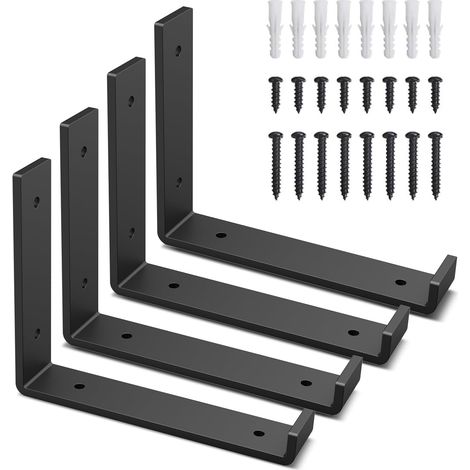 Lot 4 supports étagère métalliques, supports en J robustes rebord, style industriel rustique, noirs (18,4 cm) (1/5)