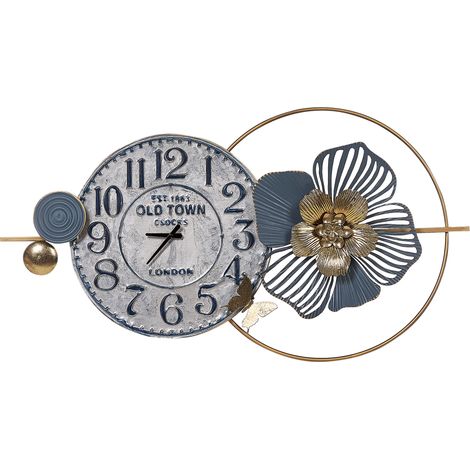 Reloj vintage retro de pared hierro negro pala manos numeral arábigo toques dorados azul Berkerium