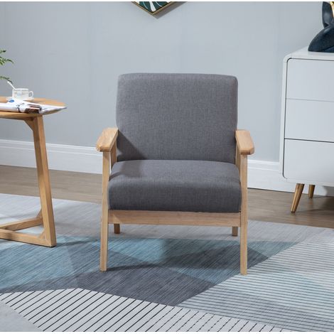 Fauteuil relax gris en lin, structure en bois, 64 x 70 x 72 cm, avec accoudoirs et coussins (1/5)