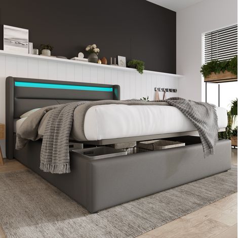Hydraulisch Stauraumbett mit LED-Beleuchtungsleiste, Doppelbett Bettgestell Polsterbett 160x200cm, Funktionsbett, Grau (Mit Fernbedienung) (1/5)