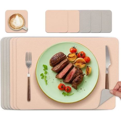 Lot de 6 sets de table ovales en cuir lavable, double face, antidérapants, carrés rose clair + gris clair. - - Rose Clair+gris Clair (1/5)
