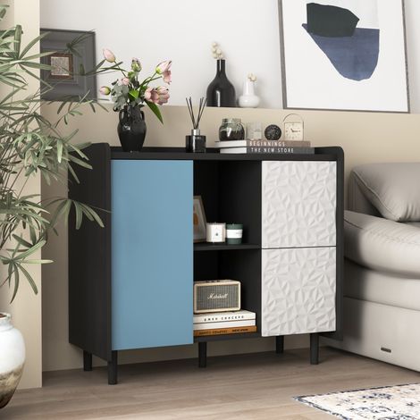 Buffet Sideboard 90 x 40 x 80 cm - 2 Tiroirs au Design Unique & 2 Niches Ouvertes - Style Scandinave Audacieux - Noir et Bleu (1/5)