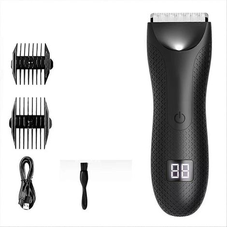Tondeuse corporelle rechargeable pour homme, avec lame en céramique, rasoir électrique et 2 sabots de guidage. (1/5)