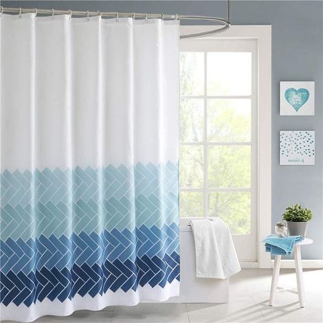 Bleu Rideau de Douche,Tissu Polyester Imperméable Anti Moisissure Lavable Machine Décoratif Long Baignoire Salle de Bain Rideau,avec 12 Anneaux de Rideaux Crochets,Rayures Géométriques W 120xH 200 cm (1/5)